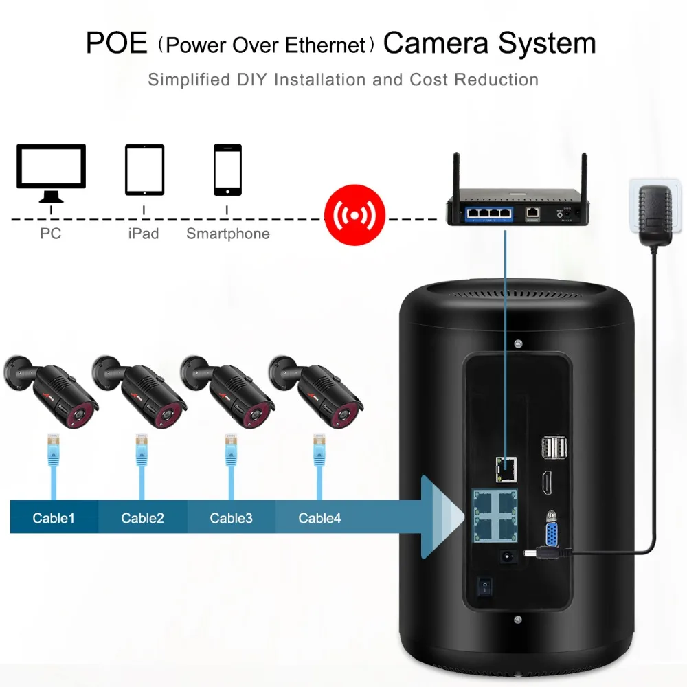  ANRAN 1080P HD 4CH a prueba de agua de visión nocturna cámaras de POE cilíndrico NVR sistema de vig