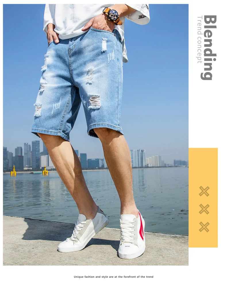 Мужские джинсовые шорты с дырками, джинсовые новые эластичные шорты до колена, модные облегающие Высококачественные эластичные джинсовые шорты, мужская одежда