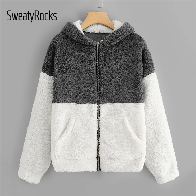 

SweatyRock Zip Up Color-Block Teddy Jacket Streetwear Thicken Shearling Coats 2018 Autumn Winter Women Casual Coats And Jackets