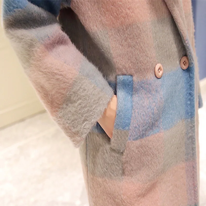 New 2017 winter sweet style fashion blue and pink contrast color double breasted plaid woollen coat women doudoune femme NDY24