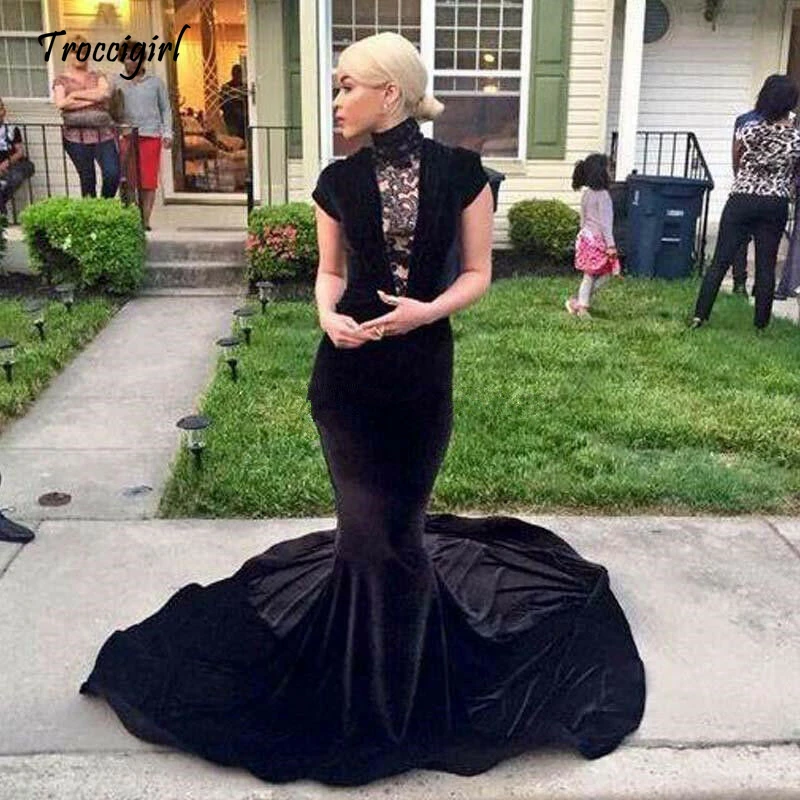 

Black Velvet Mermaid High Neck Cap Sleeve Sweep Train Formal Dress Evening Gown