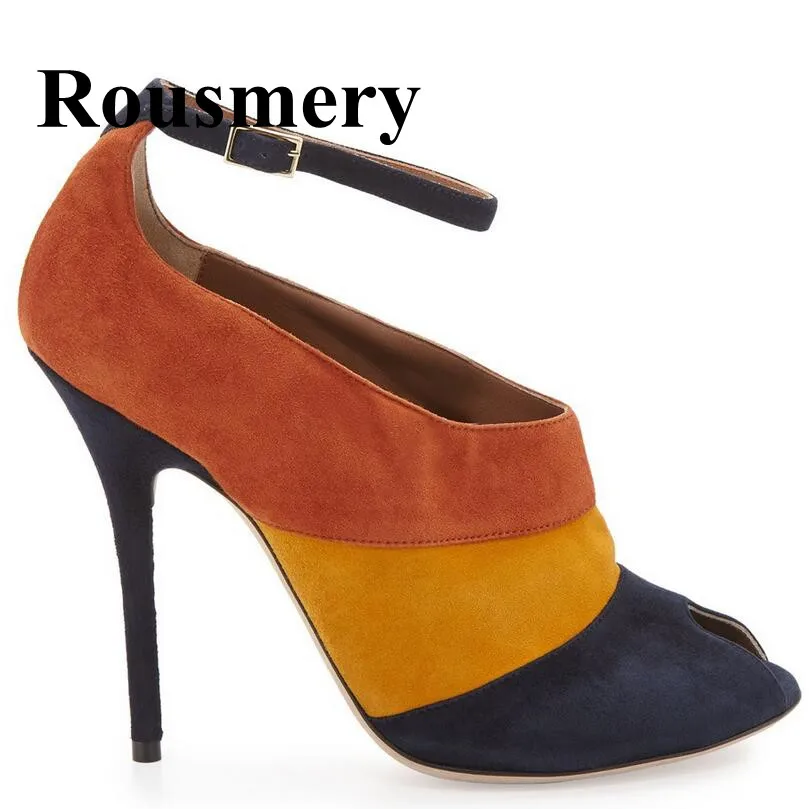 

Retro Mixed Colors Flock Peep Toe Buckle Strap Thin High Heel Cover Heel Fashion Ladies Shoes Summer Women Sandals