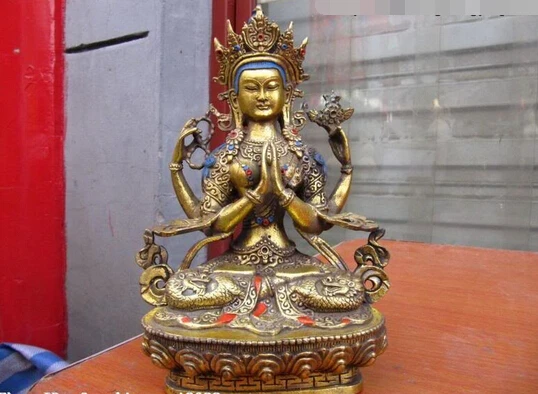 

wholesale factory 9"Tibet Bronze Gild Four-armed Avalokitesvara Kwan-Yin Guan Yin Buddha Statue