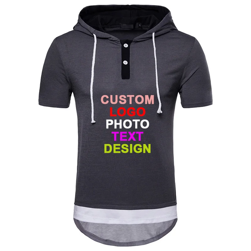

Hip Hop sexy punk rock Men Slim Custom logo photo text printed hooded T shirt Male boy buttons cool tees Personalized T shirts