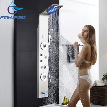 

Brushed Nickel Bath Shower Panel LED Shower Head Body SPA Massage Jets Tower Shower Column with Tub Spout