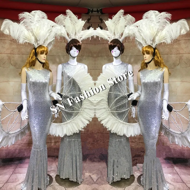 

DC84 Ballroom dance led light luminous costumes women stage show wears skirt feather fan dresses catwalk club bar performance dj