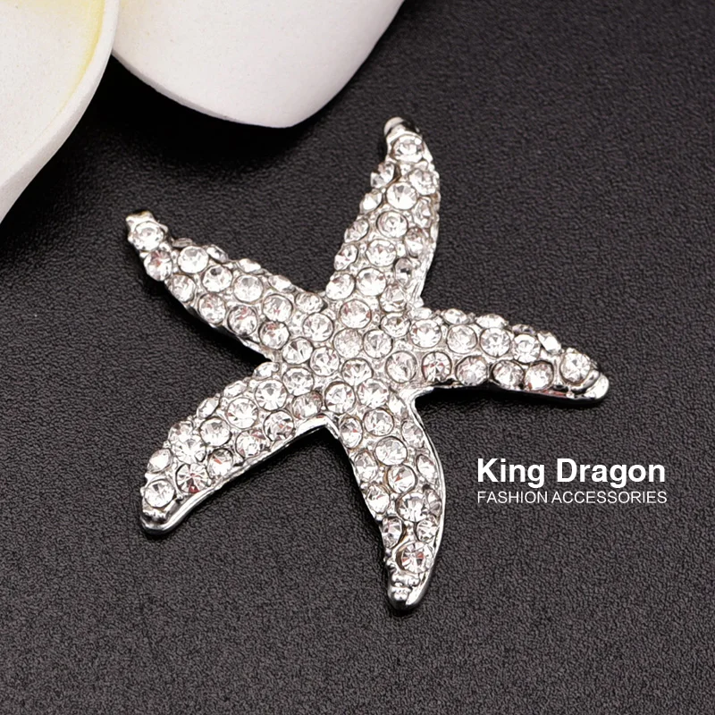 

Rhinestone Starfish Embellishment Button Used On Wedding Invitation Or Decoration 32MM 20pcs/lot Silver Color Flat Back