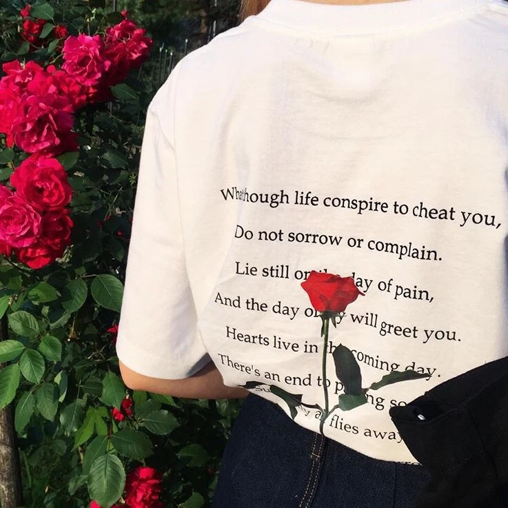 

Halajuku Style Loose Letter Rose Printed Fashion Casual Short Sleeve Female Tee