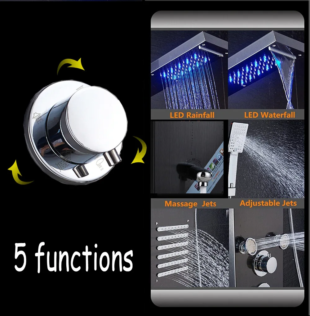 Матовый никель ванная душевая панель колонна светодиодный дождь смеситель для душа, водоспад набор тройных ручек с Массажная струя и ванна носик