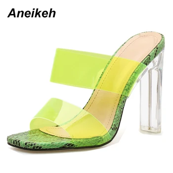 

Aneikeh Summer 2019 PU Fashion Sexy Serpentine Transparent Slippers Woman Square Toe Clear High Heels Shoes Silver Green 35-40
