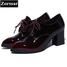 PLUS SIZE 33-43 Womens shoes lace-up Pointed Toe high heels women pumps thick heels 2017 Fashion Genuine leather woman High heel