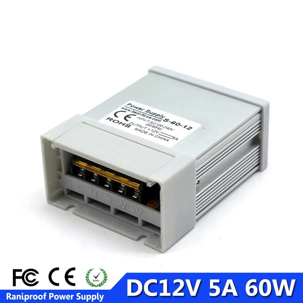 

LED Power Supply 12VDC 5A 60W AC to DC 12V Switching power source 12 Volt LED Driver Rainproof Outdoor Use Garden For Lighting