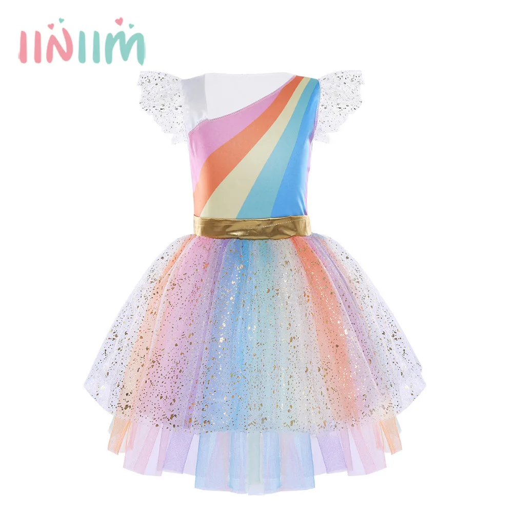 

Kids Mesh Ruffled Sleeves Tutu Colorful High-low Hem Dress with Hair Hoop Wings Set for Halloween Cosplay Party Costume