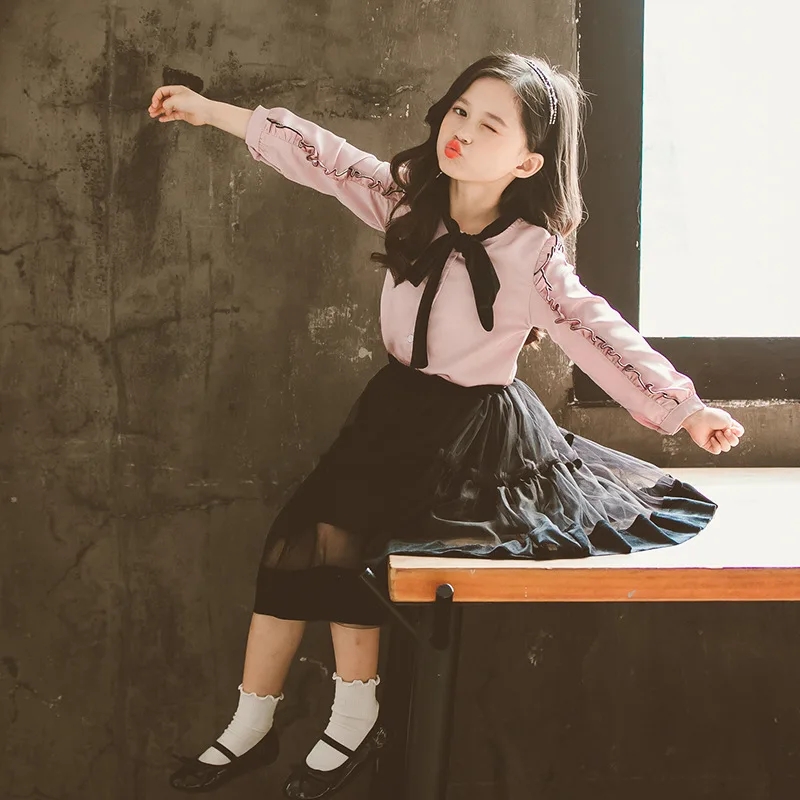 Fashion Princess Clothing Set Girls Bow Blouse and Solid Lace Skirt Two Piece Girl Spring Autumn School Teenage Sets|Комплекты одежды|