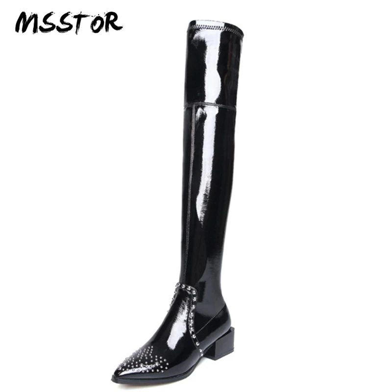 

MSSTOR Rivet Black Shoes For Women Zipper Fashion Sexy Autumn Winter Over The Knee Boots Pointed Toe Flats Long Boots 4.5CM