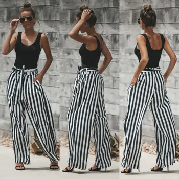

Summer Women Casual High Waist Drawstring Striped Wide Leg Long Pants Trousers Female Belt Loose Flat Clothing