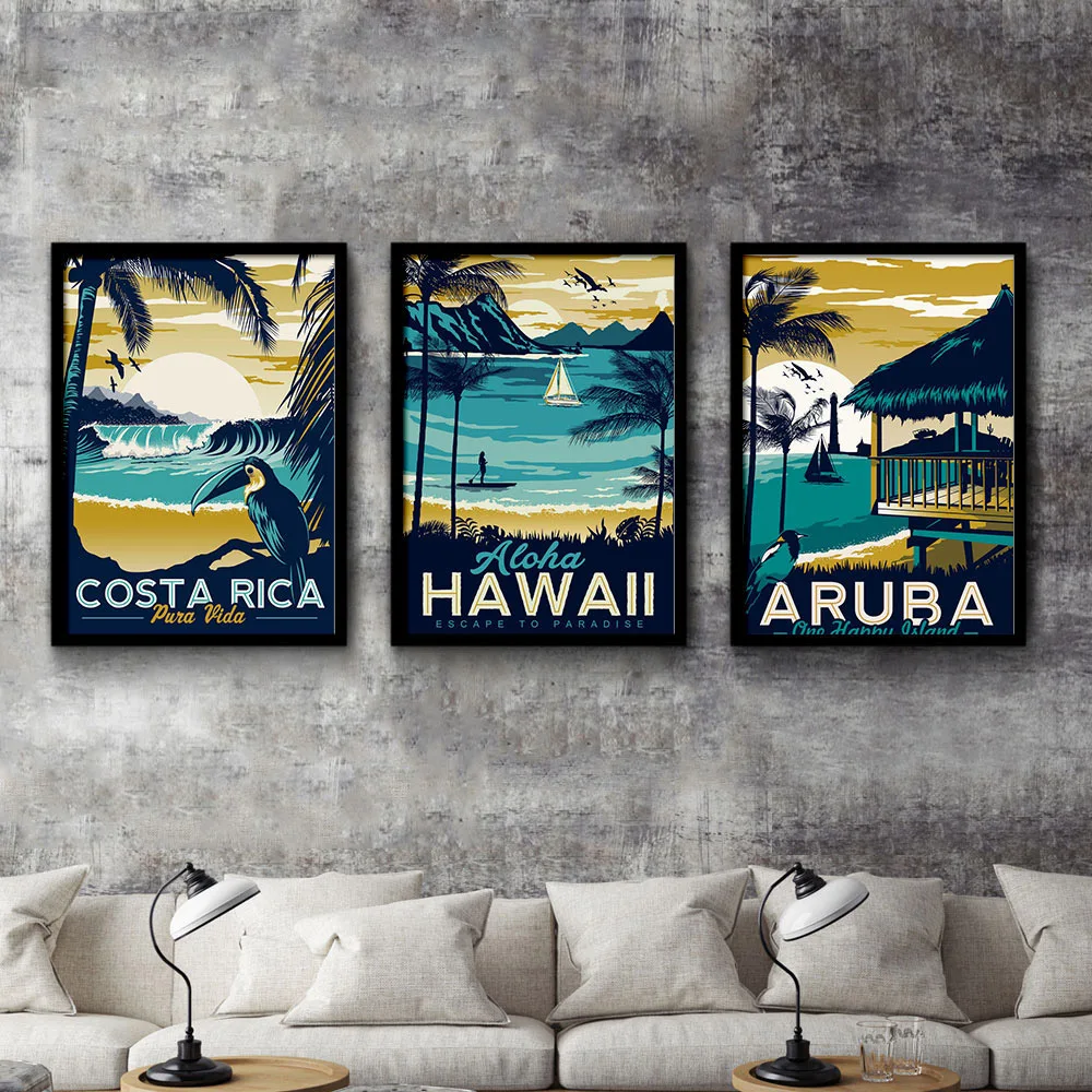 Aruba Hawaii Sea Beach Vintage Minimalist Art Canvas Painting Landscape Picture Print Modern Home Room Decor | Дом и сад