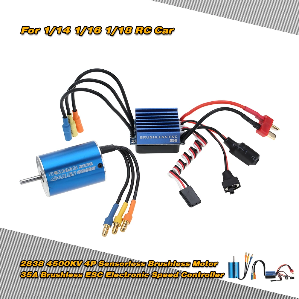 

2838 4500KV 4P Sensorless Brushless Motor & 35A Brushless ESC Electronic Speed Controller for 1/14 1/16 1/18 RC Car