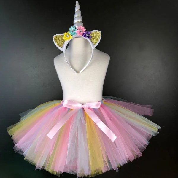 Пастельные юбки-пачки с единорогом для девочек; детская балетная фатиновая юбка-американка с бантом из ленты и повязкой на голову с цветами; детский праздничный костюм; юбка; одежда