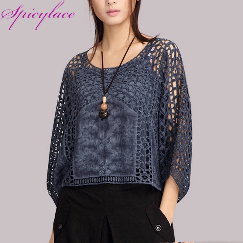 

Hollow out Korean Fashion Clothing Blouse Women Cotton Lace Shirts Lace Loose Blouse Half Sleeve Fashion Solid Women Tops