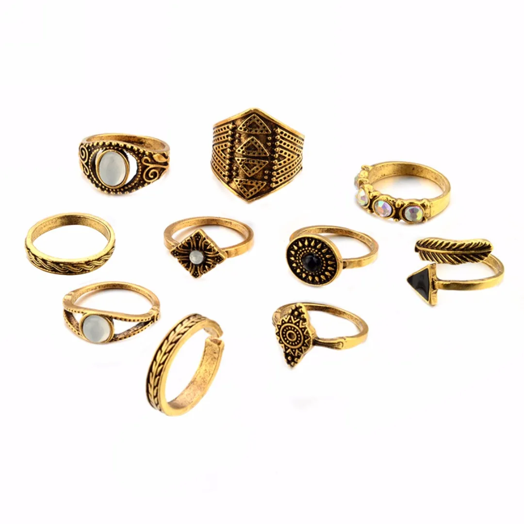 10pcs/set Vintage Steampunk Ring Sets Shellhard Punk Leaf StoneStacking Midi Finger Ring for Women Jewelry Female Anillos