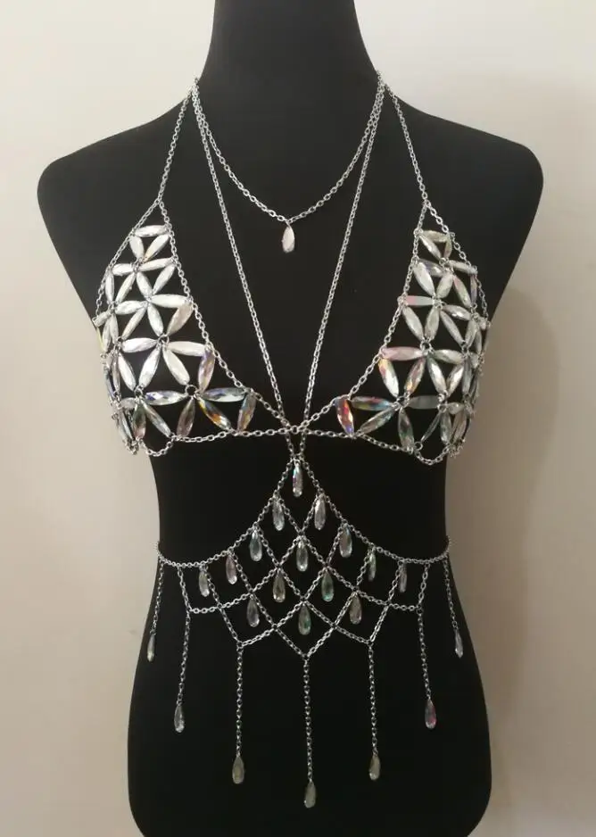Модный стиль WRB1019 женские серебряные цепи красочные ожерелье из акриловых бус бюстгальтер костюм Одежда для тела цепь Короткие топы вечерние ювелирные изделия - Окраска металла: Silver Set