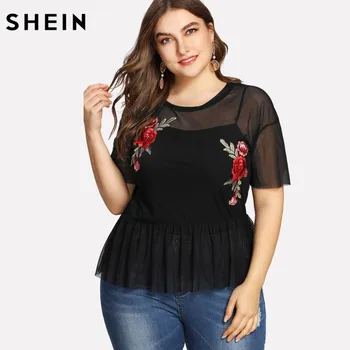 

SHEIN Plus Size Summer Black Blouse Women Sexy Floral Round Neck Short Sleeve Embroidered Rose Applique Ruffle Mesh Slim Top
