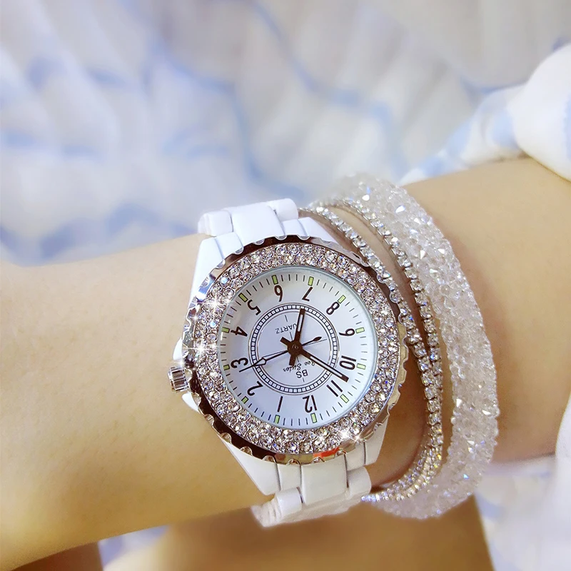 

Women Watches Fashion Casual Luxury Rhinestone Quarts Black White Ceramic Watch Birthday Valentine's Day Gift