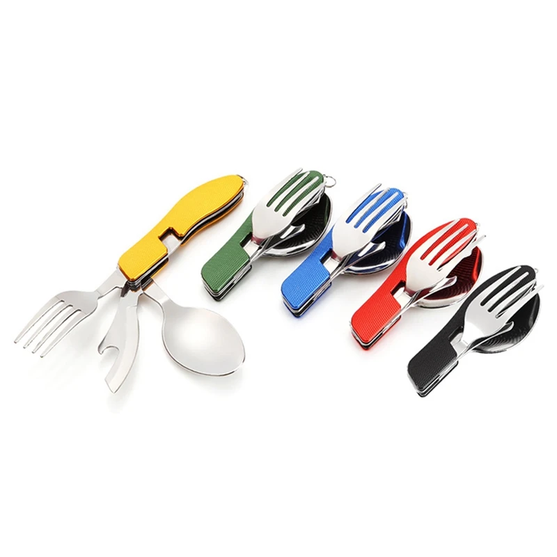 

4 in 1 Outdoor Tableware (Fork/Spoon/Knife/Bottle Opener) Camping Stainless Steel Folding Pocket Kits for Hiking Survival Travel