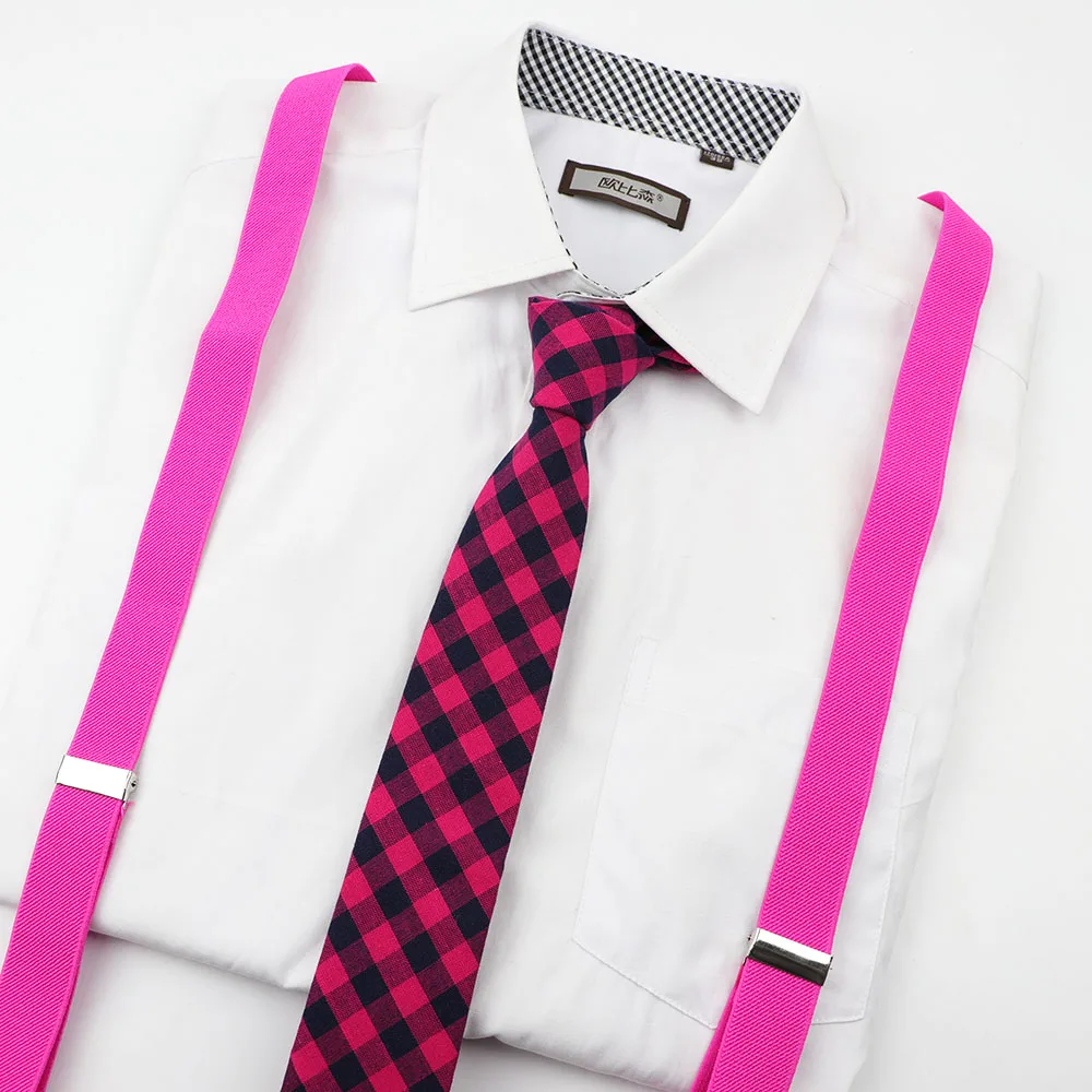 Весенний стильный комплект с подтяжками, галстуком, мужской, женский, Подростковый, в клетку, 6 см, хлопок, галстук на шею, Y-Back, подтяжки, ремень, регулируемый галстук-бабочка - Цвет: Set6