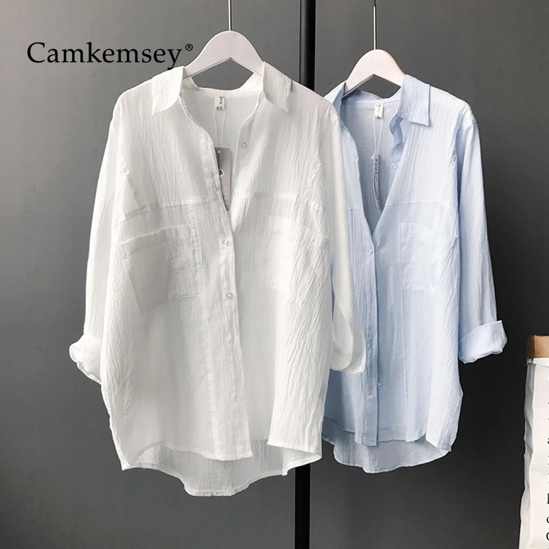 CamKemsey офисные женские повседневные белые рубашки весна осень длинный рукав отложной воротник карманы короткие однотонные хлопковые
