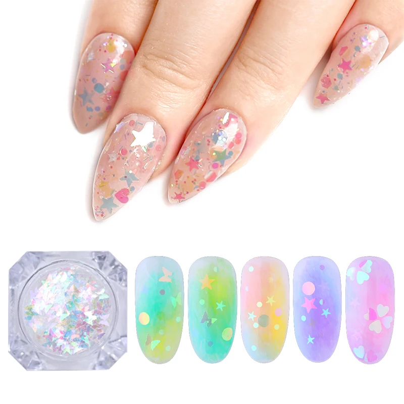 1 مربع جولة مسمار الترتر مختلط حجم القلب شكل مسمار الترتر رقائق متعددة اللون شىء صغير براق مانيكير مسمار الفن الديكور 27 الألوان