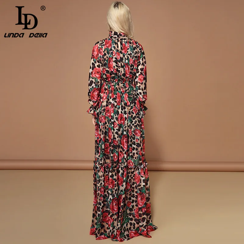 Goede LD LINDA DELLA Fashion Runway Lange Mouwen Maxi Jurken vrouwen Elegante Partij Rose Bloemen Luipaard Print Lange Jurk Vakantie jurk