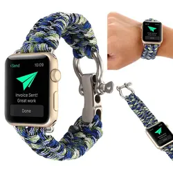 Спорт на открытом воздухе для Мужчин Смотреть Band ремешок для Apple Watch Camo 38 мм 42 серии 1 2 3 выживания веревка металлический болт застежка