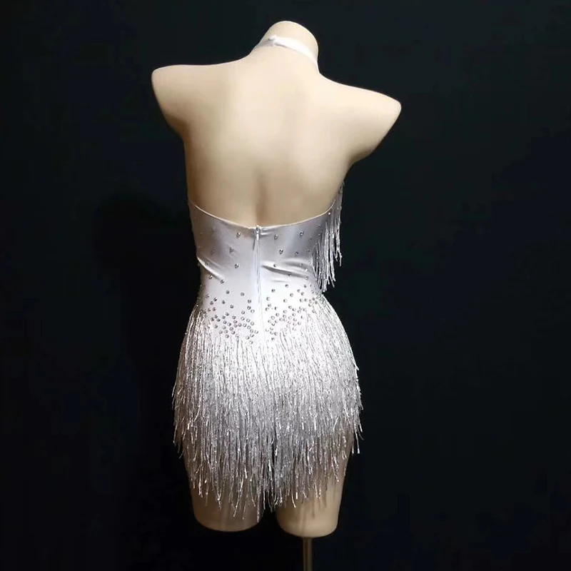 White Tassel Crystal Bodysuit Sexy Backless Stretch Tights Nightclub Women DJ Singer Performance Dance Wear DS Costume DT1161