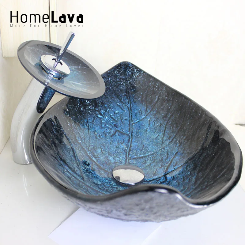 Image Modern Leaf Tempered Glass Sink Waterfall basin Faucet Set bathroom sink faucet Blue color