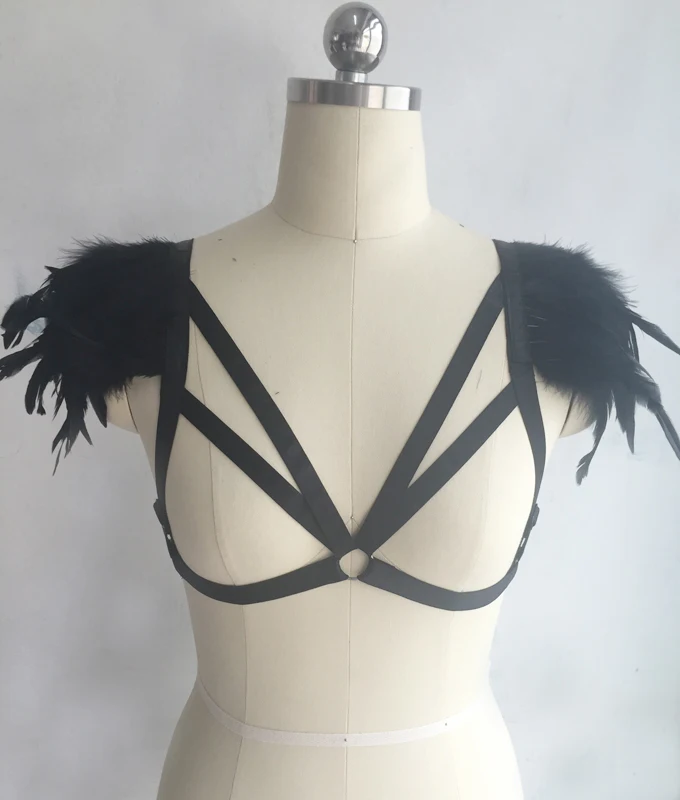 

Black Feather Bralette Festival Wings Rave Bra Sexy Body Cage Bra Gypsy Boho Bridal Feather Harness Bra Body Fetish Wear O0292