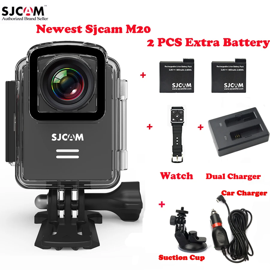  Original SJCAM M20 Wifi 30M Waterproof Sports Action Camera Sj Cam DV+2Battery+Dual Charger+Remote Watch+Car Charger+Suction Cup 