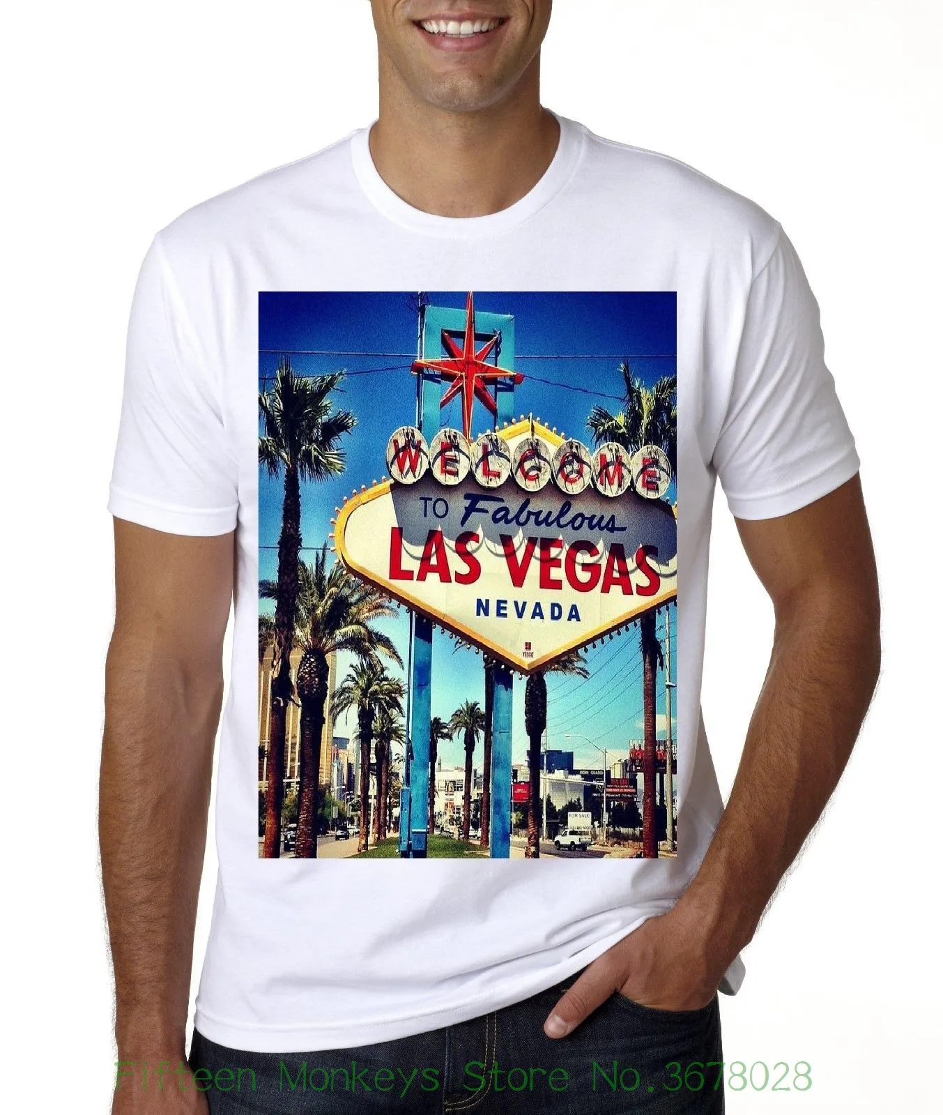 Top Tee 100 Cotton Humor Men Crewneck Tee Shirts New Las Vegas Sign T