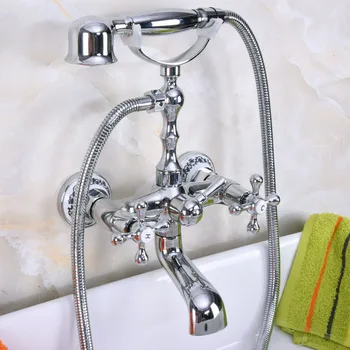 Polished Chrome Brass Double Cross Handles Wall Mounted Bathroom Clawfoot Bathtub Tub Faucet Mixer Tap w/Hand Shower ana183 thermostatic bathroom shower faucet solid brass bathtub mixer tap chrome finish wall mounted