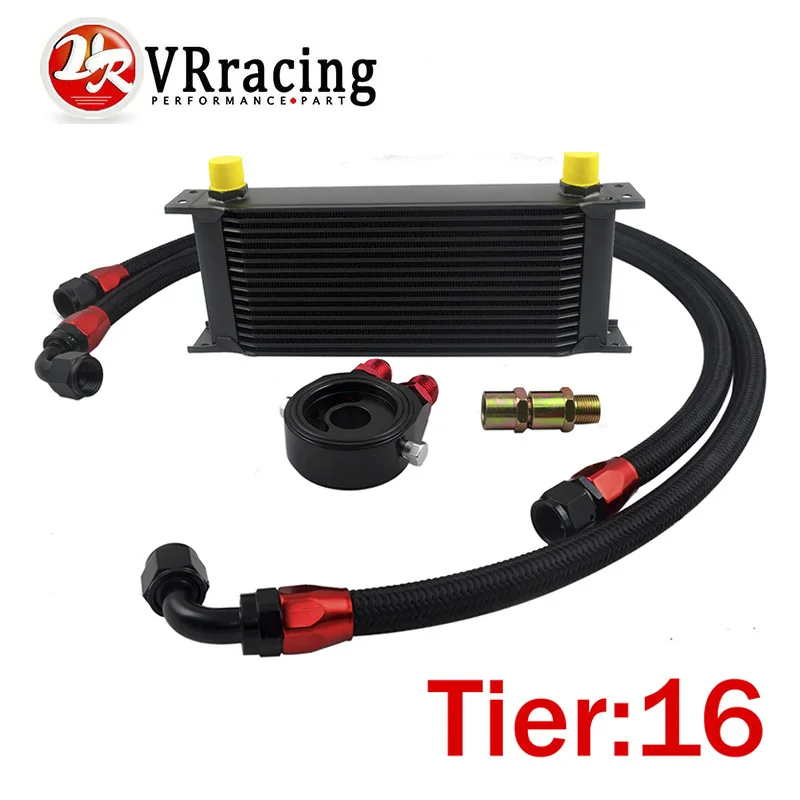 VR RACING UNIVERSAL 16 ROWS OIL COOLER OIL FILTER SANDWICH ADAPTER BLACK SS NYLON STAINLESS STEEL
