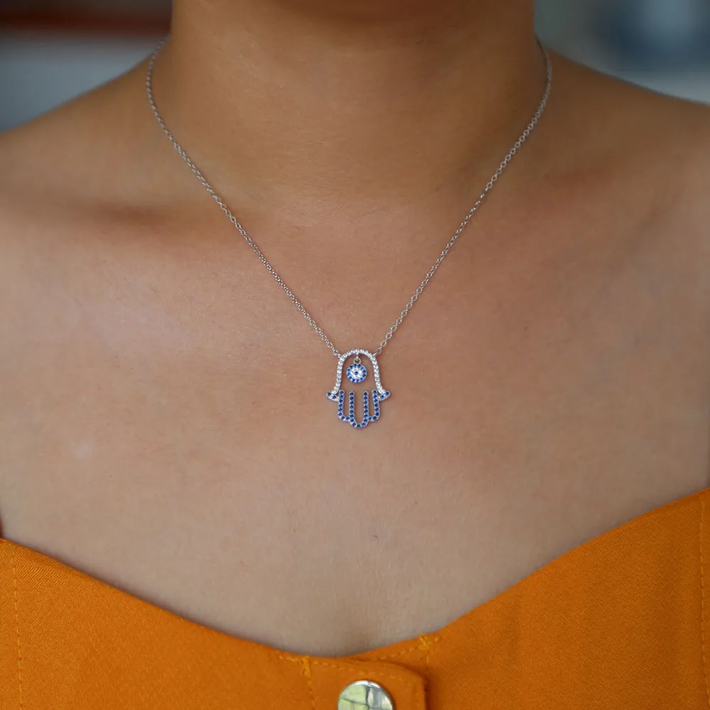 

AAA clear blue cz paved fatima hamsa hand pendant 925 sterling silver necklace jewelry drop shipping elegance cute necklace girl