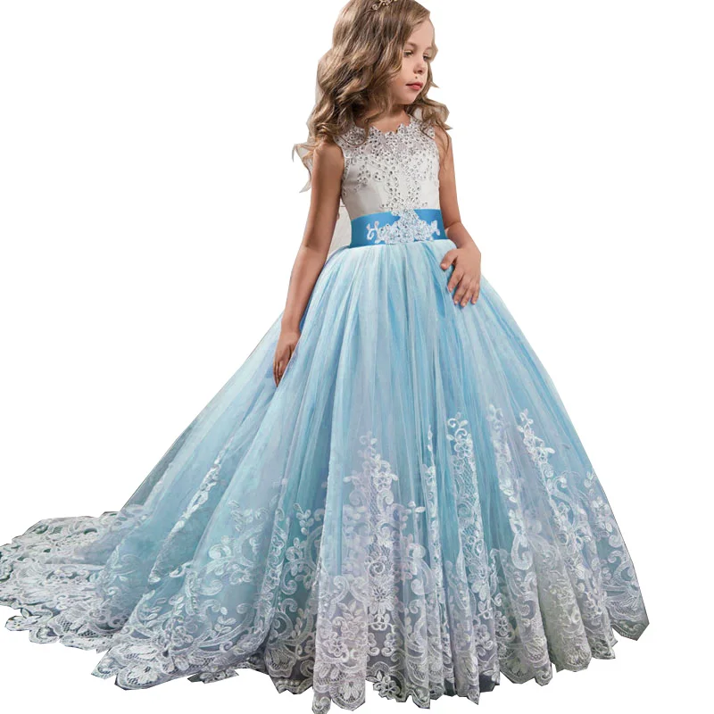 Зимнее платье подружки невесты для девочек Детские платья для девочек элегантное кружевное платье принцессы для свадебной вечеринки От 4 до 14 лет для подростков - Цвет: Sky blue