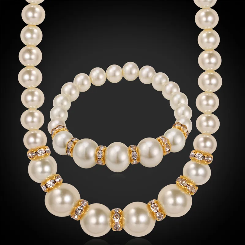 Collare Simulated Pearl Necklace Set Jewelry Fashion Gold Color Crystal Necklace Bracelet