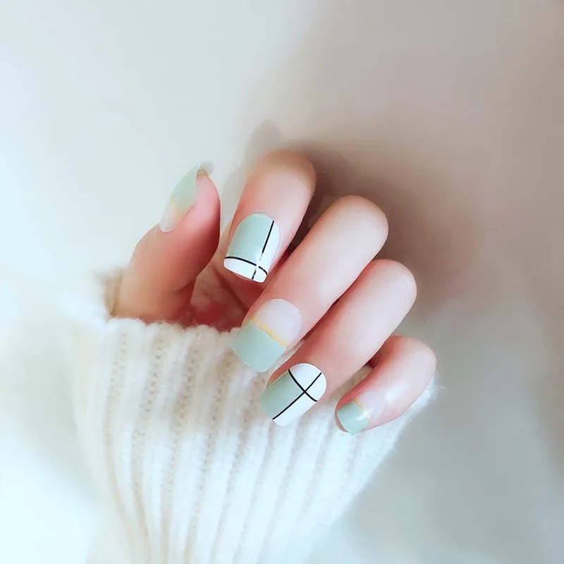 Модный дизайн ногтей Декор накладные ногти с клеем свежая зеленая белая сетка Дизайн гибридные ногти Простые короткие поддельные ногти искусственные губки