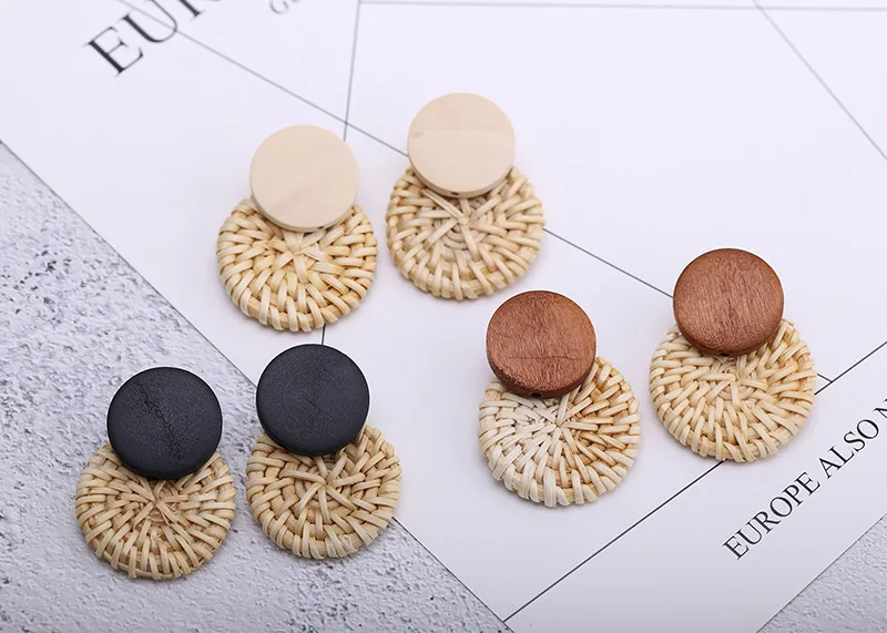 

Fashion Korea Handmade Wooden Straw Weave Rattan Vine Braid Geometric Big Circle Earrings For Women Girl BLack Brown Burlywood