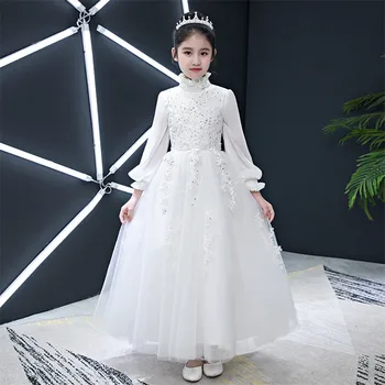 

Girls Children Wedding Birthday Princess Party Costume Dress Kids Teens Embroidery Flowers Luxury White Lace Piano Host Dress