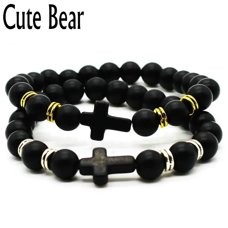 

Cute Bear Brand Cross Bracelet 8 mm Natural Frosted Matte Stone Beads Bracelets Christian Faith Charm Bracelet Jewelry Wholesale