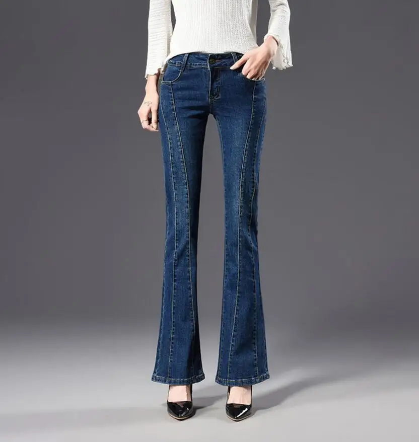Новый Для женщин мода Высокая талия стрейч джинсы клеш женщина кнопки расклешенные джинсовые брюки джинсовые штаны большие размеры q72