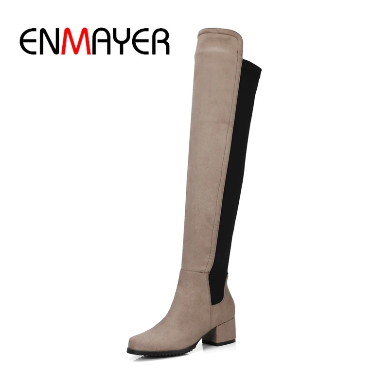 

ENMAYER FEMALE 2018 Autumn Winter Colour stitching Fashion Elastic Flock Boots Thick With Women Shoes Long boots Big size43 CR77